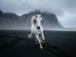 Majestic white horse gallops with speed and power across the dark volcanic sand beach under a moody overcast sky capturing the raw intensity of a wild creature in natural motion © Chuadry Ahmad