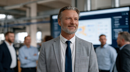 Fototapeta premium Workforce development consultant stands before a skills gap analysis platform visualization in an industrial training facility, large screen showing heat-mapped competency scores