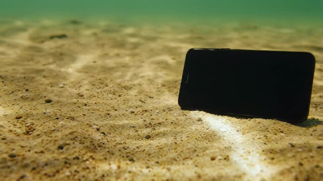 A sleek, modern black smartphone rests motionless on pristine golden sandy seabed, 12m deep in warm aquamarine water, midday sun shafts, lens flare, dancing caustic light. Serene concept of nature's