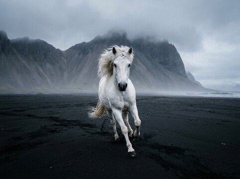 Majestic white horse gallops with speed and power across the dark volcanic sand beach under a moody overcast sky capturing the raw intensity of a wild creature in natural motion