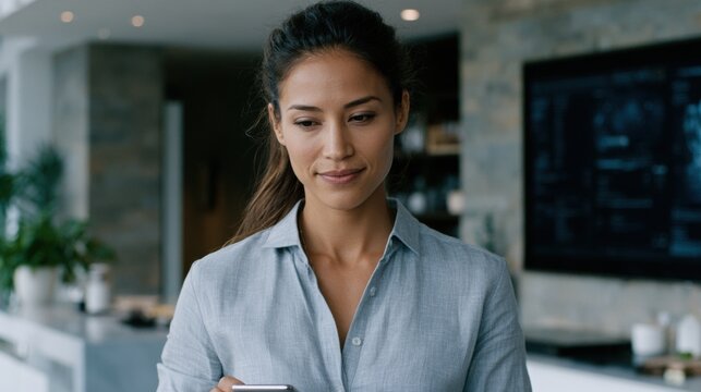 A woman in a light blue shirt looking down at her phone just out of frame, with a slight smile.