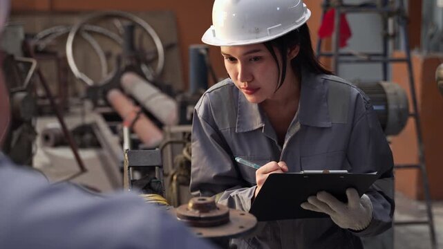 Asian female engineer in hard hat holds a clipboard to take notes and inspect machinery parts during a quality control check in a factory