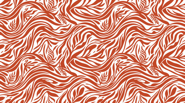 Seamless repeating pattern with terracotta colored wavy organic lines and leafy foliage