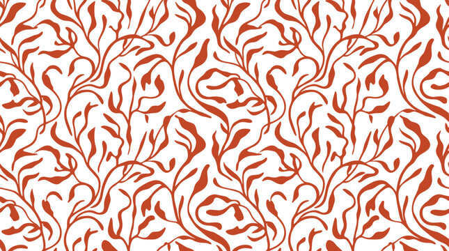 Seamless pattern with terracotta colored organic plant branches and leaves on a white background