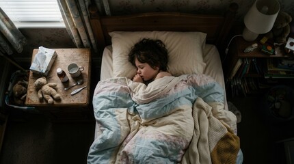 Fototapeta premium Child Comfortably Sleeping While Recovering From Illness In Bed