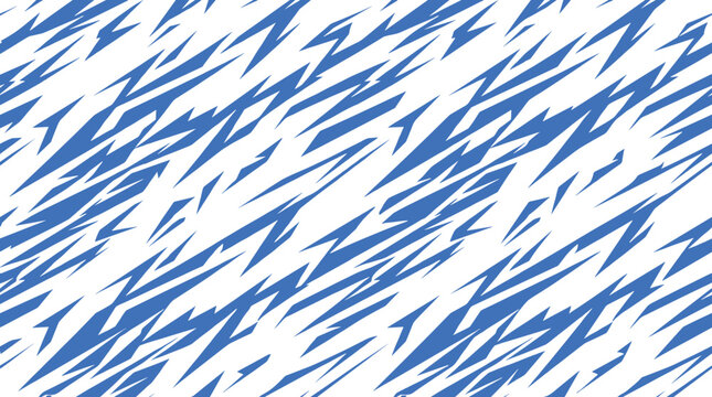Seamless pattern of blue sharp angular geometric shapes and jagged diagonal lines creating a dynamic speed effect on a white background, for sports apparel and