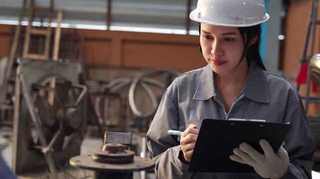 Asian female engineer in hard hat holds a clipboard to take notes and inspect machinery parts during a quality control check in a factory
