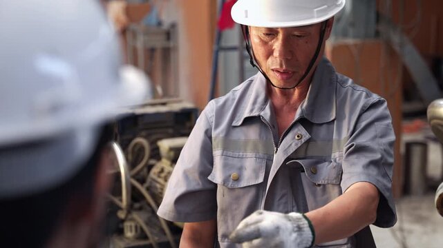 Asian senior engineer foreman explaining machine maintenance to a female trainee at industrial factory