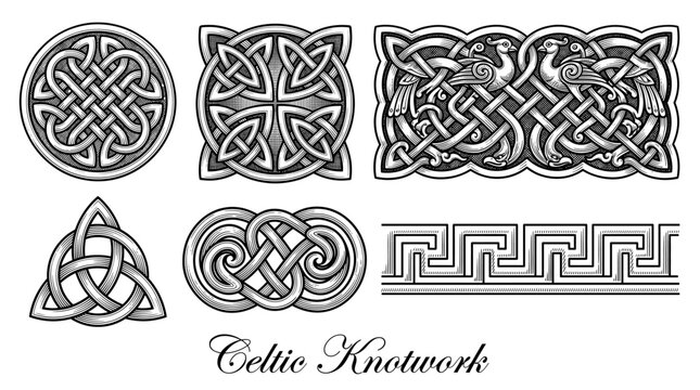 Set of Traditional Celtic Knotwork Ornaments and Symbols, Black and White Vector Illustration