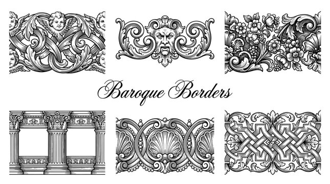 Set of Vintage Baroque Borders and Ornaments, Antique Engraving Style Decorative Elements with Cherubs, Floral Motifs, and Architectural Details
