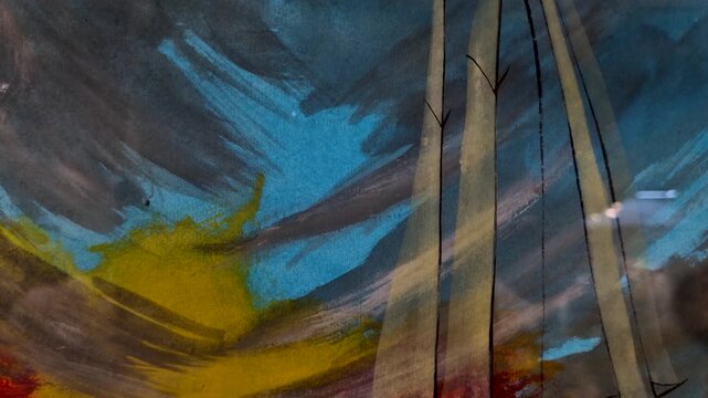 Detailed close up of sailboat masts and sails in a stormy sunset painting