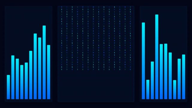 Dynamic Motion of Blue Digital Bar Graphs in a Futuristic Data Visualization Video.