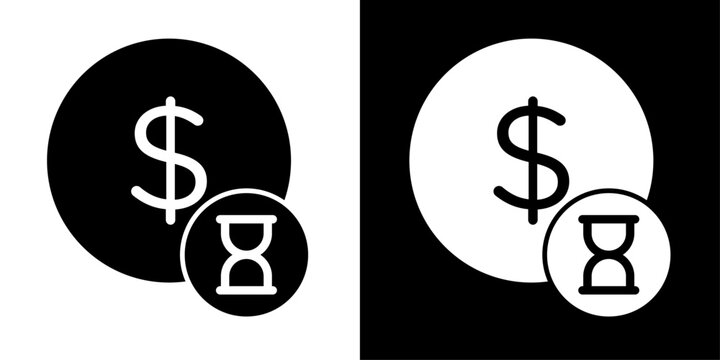Payment pending icon in solid fill style showing dollar symbol with hourglass, representing pending transactions, payment processing, delayed payments and financial status.