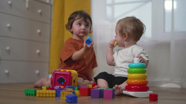 Two children playing together with colorful toys. Toddlers share blocks and stacking rings. Kids enjoy playtime indoors. Boys interact while playing. Children develop skills through toy play.