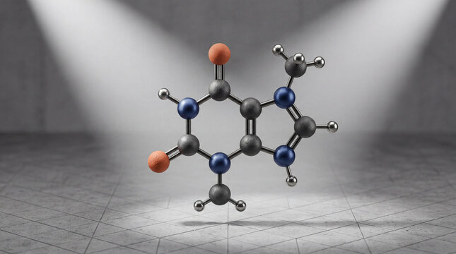 Chemical marvel caffeine molecule structure floating in a spotlight glow