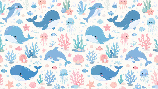 Ocean animal seamless pattern with dolphins, whales, jellyfish, corals, shells and starfish, ocean animals, dolphin, whale,