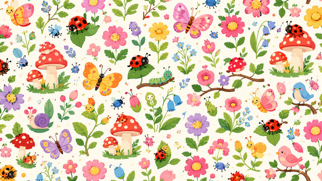 Garden insect seamless pattern with mushrooms, ladybugs, butterflies, flowers and small colorful bugs, insects, mushrooms, ladybug