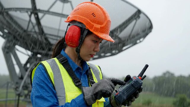 Female engineer using walkie talkie at satellite dish station during rainstorm communication radio walkie-talkie