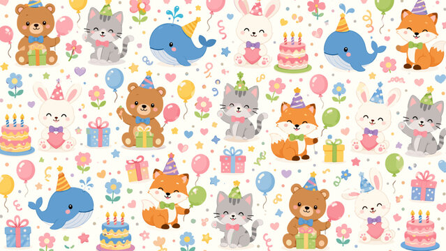 Animal party seamless pattern with bears, cats, whales, cakes, flowers and cute decorative icons, animal party, bear, cat, whale,