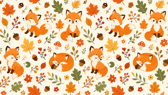 Fox and autumn leaves seamless pattern with playful orange animals, acorns, flowers and forest details, fox, autumn, leaves, acorn