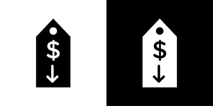 Price drop tag icon featuring a dollar symbol and downward arrow, ideal for discounts, markdowns, sales promotions, reduced pricing, e-commerce, and retail applications.