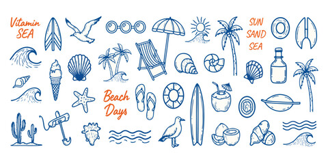 Fototapeta premium Beach Doodle Illustrations with Hand Drawn Waves, Palm Trees, Shells, Crabs, Sunglasses, and Surfboards for Summer Designs