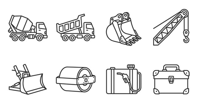 Construction Equipment Icons: Cement Mixer, Dump Truck, Excavator, Crane, Dozer, Roller, Fuel Can, Toolbox