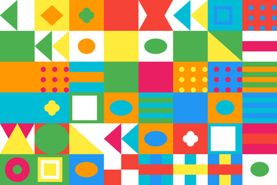 Vibrant geometric pattern with colorful shapes and designs on white background