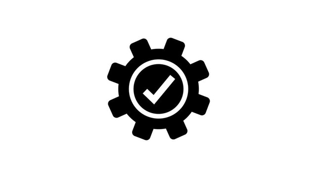Gear icon with a vibrant green check symbol centered inside representing successful process optimization.Circular check mark confirms optimal functionality or successful integration,4k quality video.