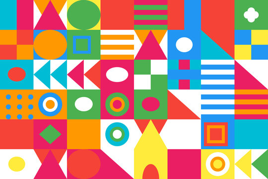 Vibrant geometric pattern with colorful shapes and designs on white background