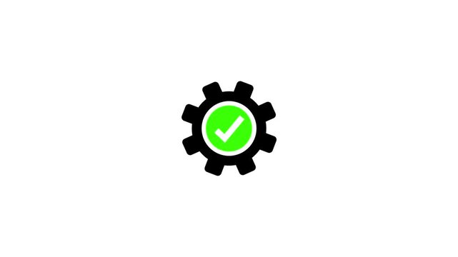 Gear icon with a vibrant green check symbol centered inside representing successful process optimization.Circular check mark confirms optimal functionality or successful integration,4k quality video.