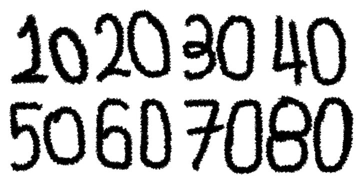 Handwritten Numbers: A collection of handwritten numbers, from 10 to 80, presented in two rows against a stark background.