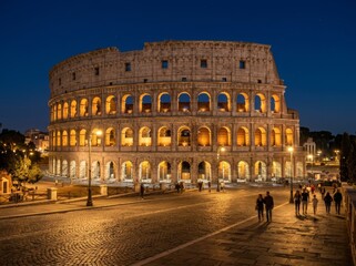 Naklejka premium Colosseum in Rome at night with people walking