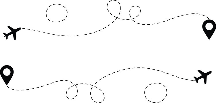 Airplane flight route icon, travel path from starting pin to destination point for tourism, navigation and journey planning concepts.