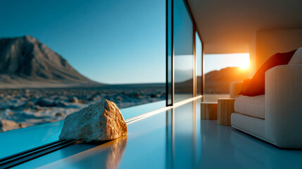 Fototapeta premium Modern desert house interior with glass walls, rocky landscape, sunset light and minimalist sofa, luxury architecture concept