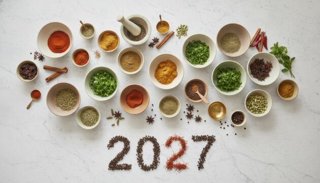 Assorted spices and herbs in bowls with 2027 on white background