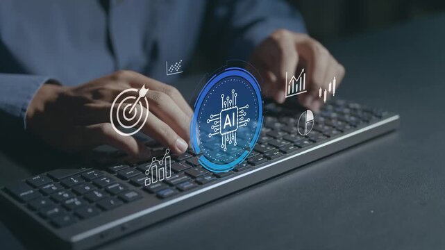 AI data analysis system concept. Person typing keyboard with artificial intelligence and analytics icons, intelligent insights, predictive analytics and data driven decision making.