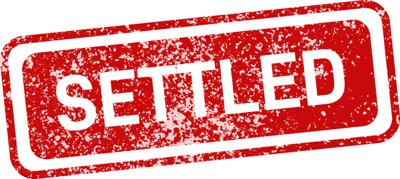Settled stamp grunge effect isolated on white legal resolution confirmation