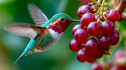 Fototapeta premium Tiny colorful hummingbird hovering near ripe red grapes on vine, wildlife macro with soft green garden background