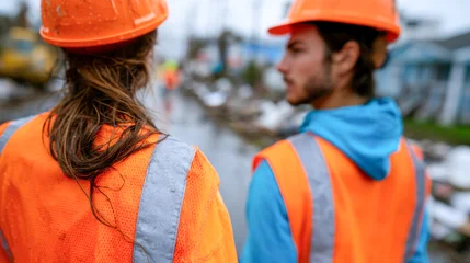 Construction workers in orange safety gear inspect a wet debris-filled site after flooding, showing cleanup, damage assessment, and recovery work © Aliaksandra