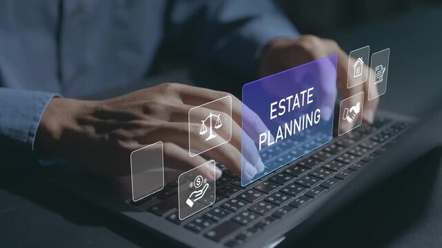 Estate planning concept. Person using laptop with inheritance and financial planning icons, asset protection, wealth management and family legacy planning.