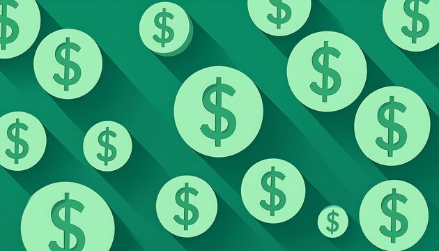 A green background with diagonal stripes features various sized dollar sign coins