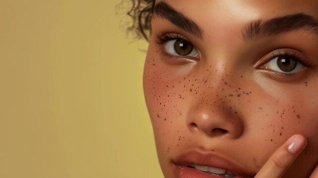 Detailed portrait of a woman with striking freckles and luminous skin. A neutral background accentuates her natural features, capturing her essence and radiant complexion with a subtle touch.