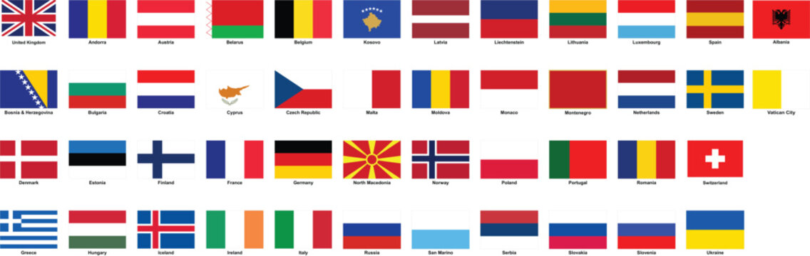 Europe Countries Flags Collection, European National Flag Icons and Symbols Set