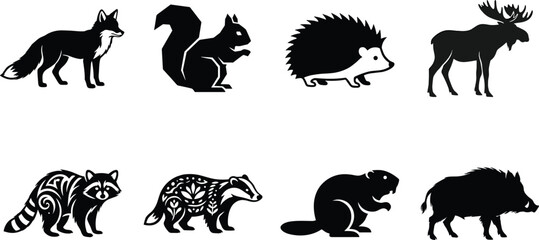Forest and woodland animals black silhouettes set featuring fox geometric squirrel hedgehog moose tribal raccoon floral badger beaver and wild boar vector elements © ARNAB