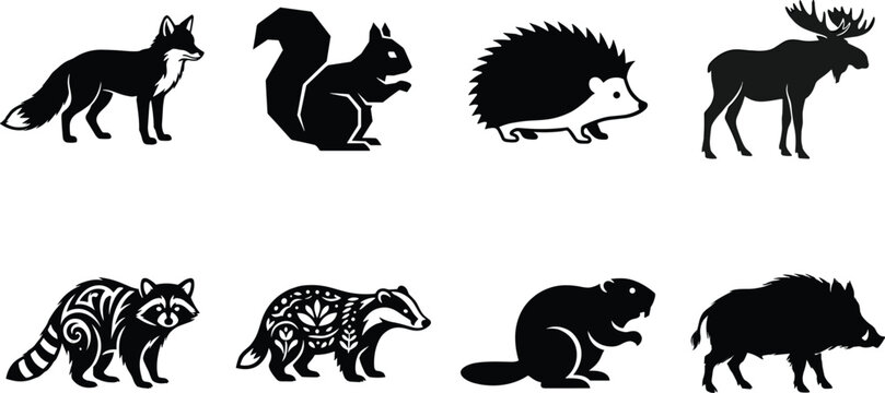 Forest and woodland animals black silhouettes set featuring fox geometric squirrel hedgehog moose tribal raccoon floral badger beaver and wild boar vector elements