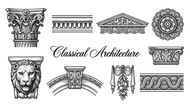 Classical Architecture Elements Set - Vintage Engraving Style Vector Illustration with Columns, Pediments, and Ornaments