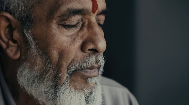 Elderly Indian man with closed eyes, wearing red tilak on forehead, contemplates life. His face shows deep wrinkles, grey beard, and a thoughtful, somber mood.