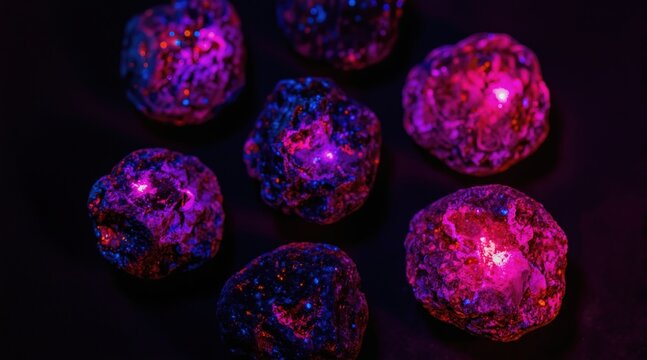 Collection of rough mineral stones emit vibrant pink and purple neon glow under UV light. These geological specimens showcase luminescent natural patterns and textures.