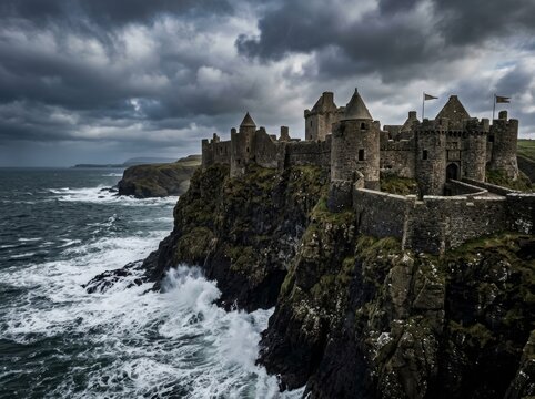 Dramatic medieval castle on rocky cliff overlooking stormy sea waves crashing
